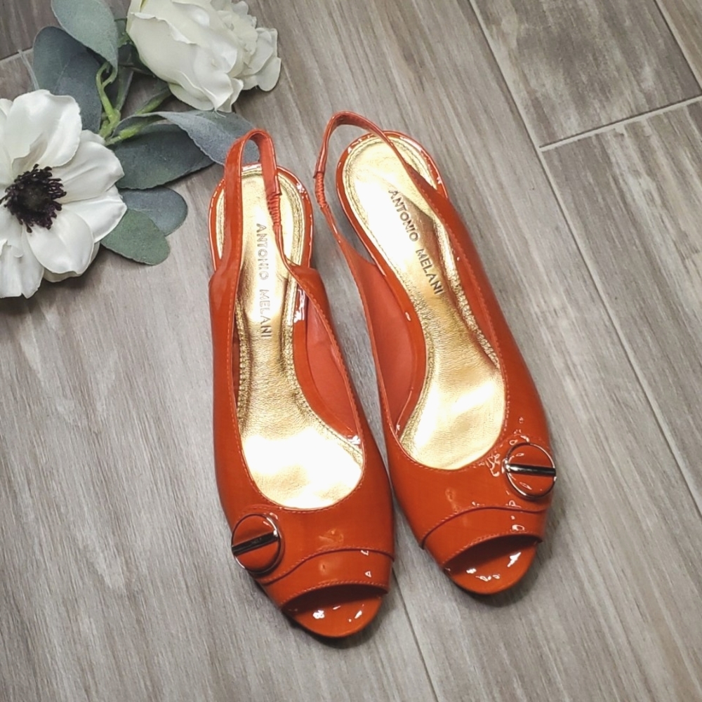 Antonio Melani Patent Leather Peep Toe Wedge Slingback Heels | Size 7.5 M